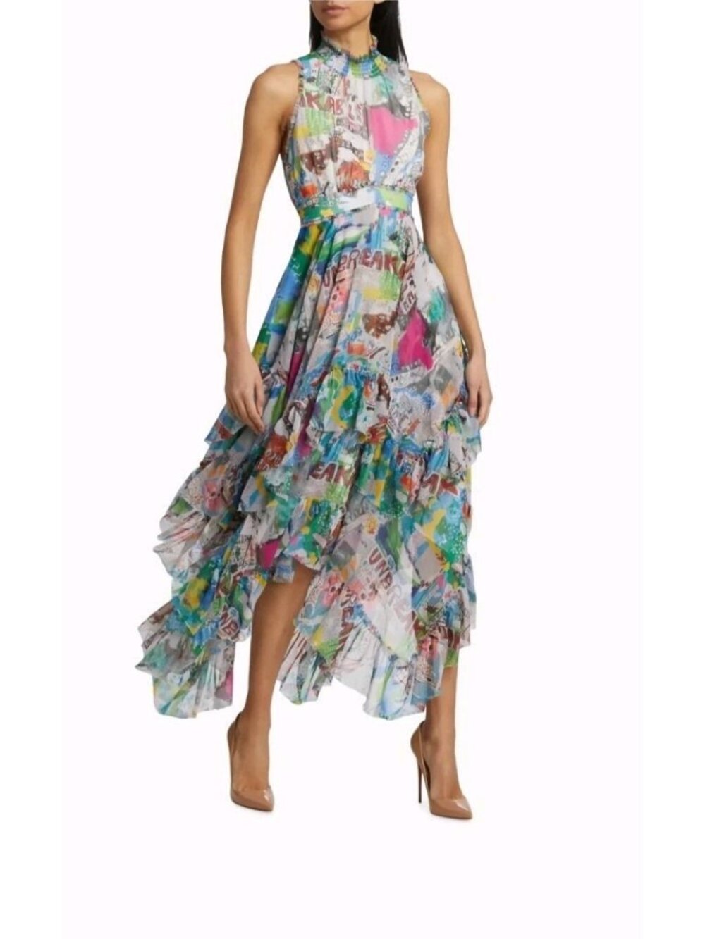 Alice + Olivia Basquiat Evelyn Graphic Handkerchief Hem Midi Maxi Dress 10 M